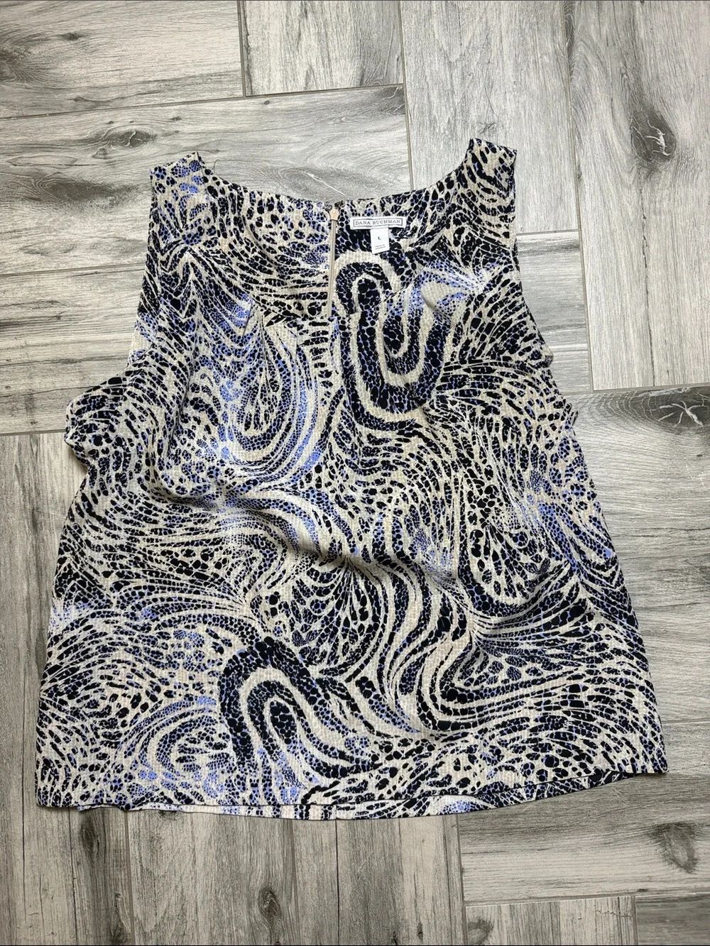 Dana Buchman Beige, Black & Blue Abstract Swirl Tank